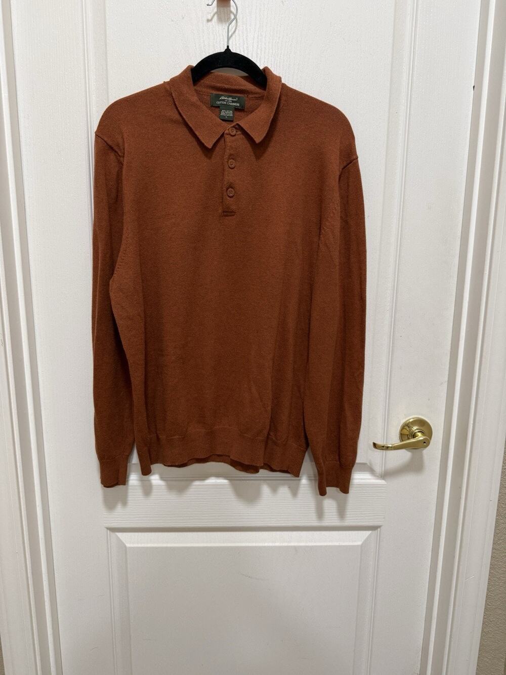 Eddie Bauer Mens Large Burnt Orange Cotton Cashmere Blend Polo Sweater Preppy